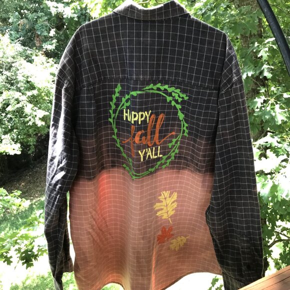 Bleached Flannel Painted Shirt, Size Medium: Upcycled, Autumn Theme Fall Leaves - Picture 11 of 13
